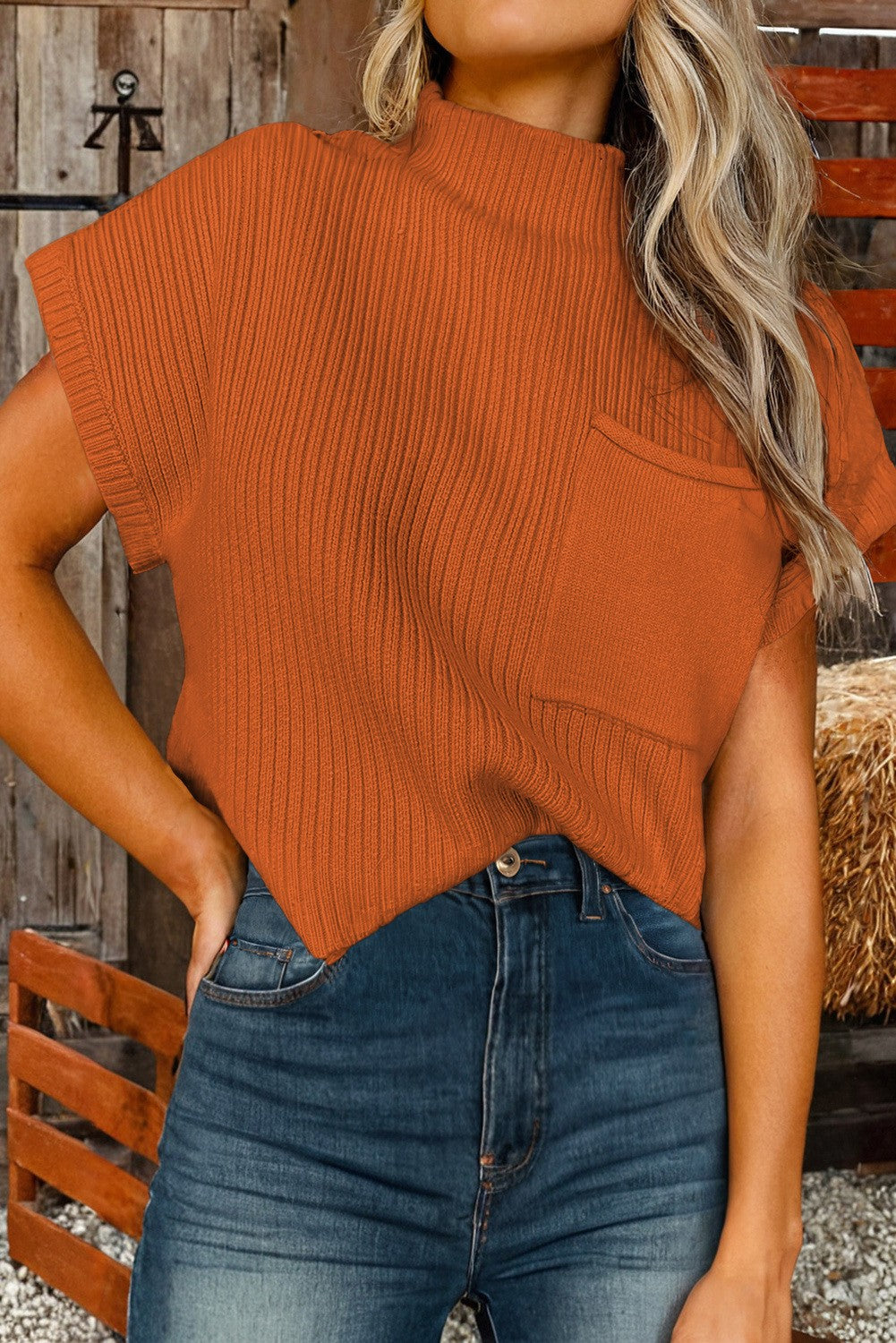 Orange Patch Pocket Ribbed Knit Short Sleeve Sweater