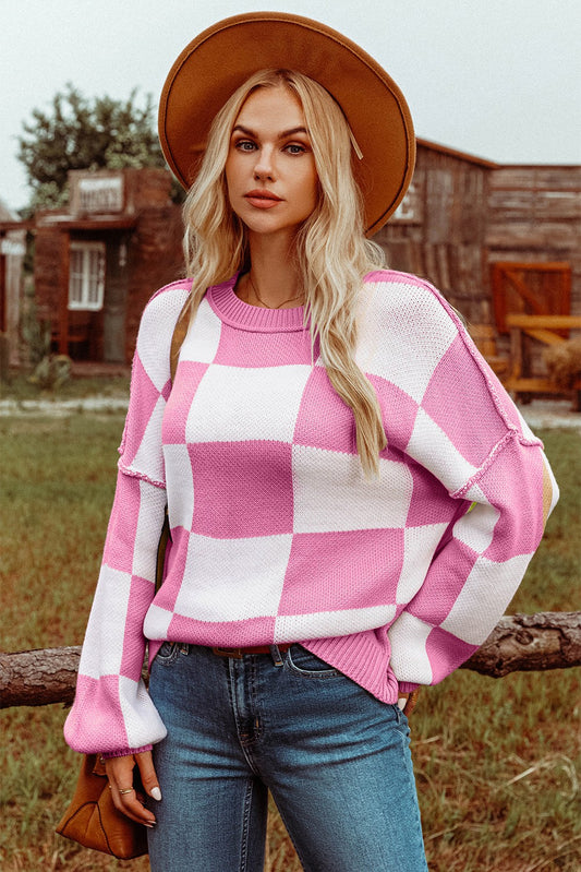 Pink and White Checkered Bishop Sleeve Sweater