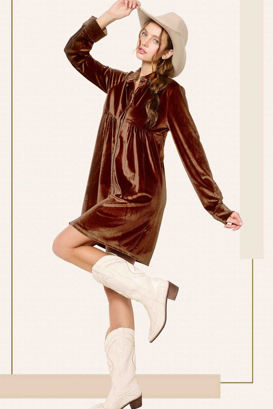 Smoked Topaz Button Front Soft Velvet Mini Dress