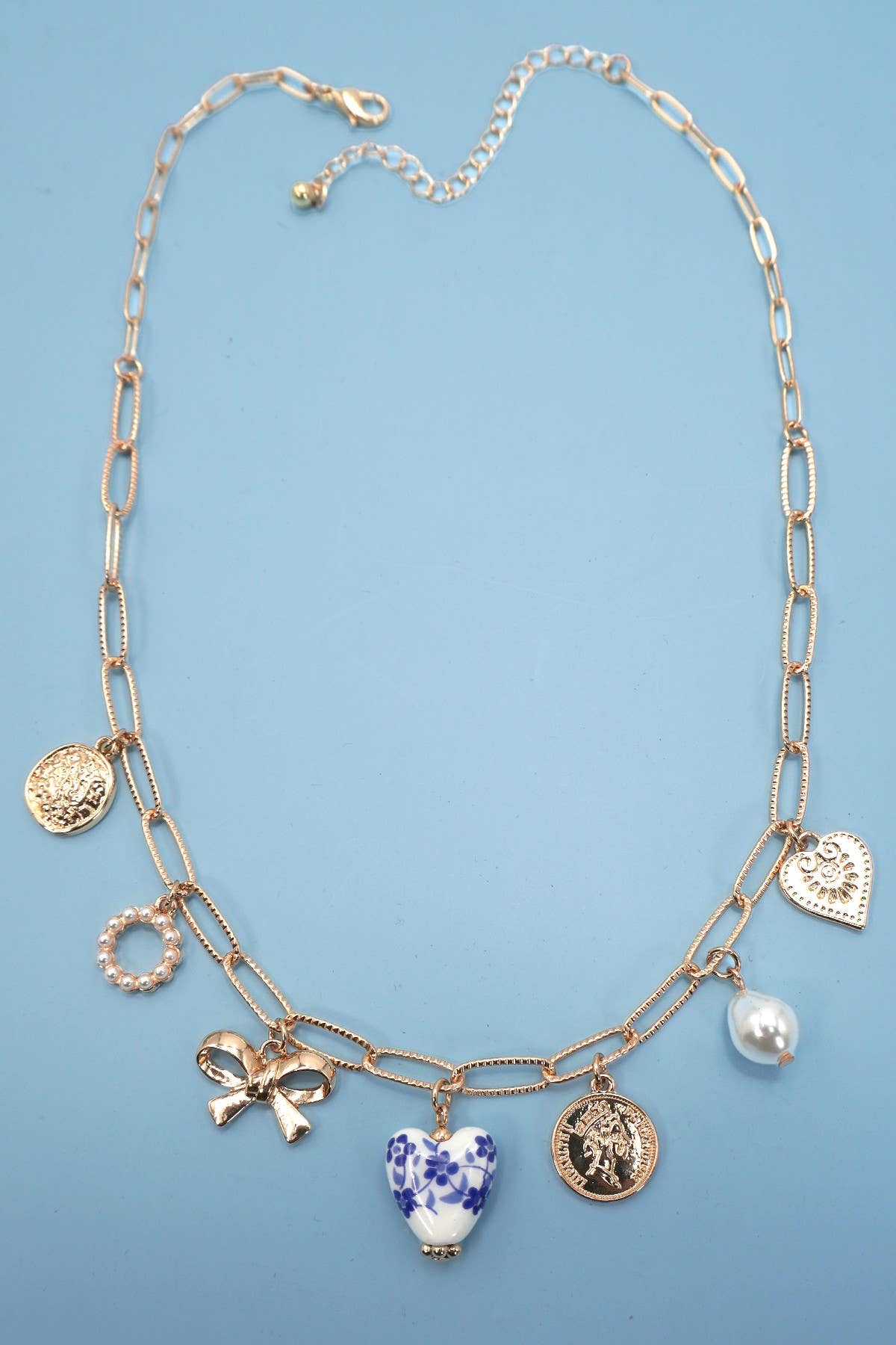 CERAMIC PORCELAIN BOW HEART CHARM LINK NECKLACE : Gold