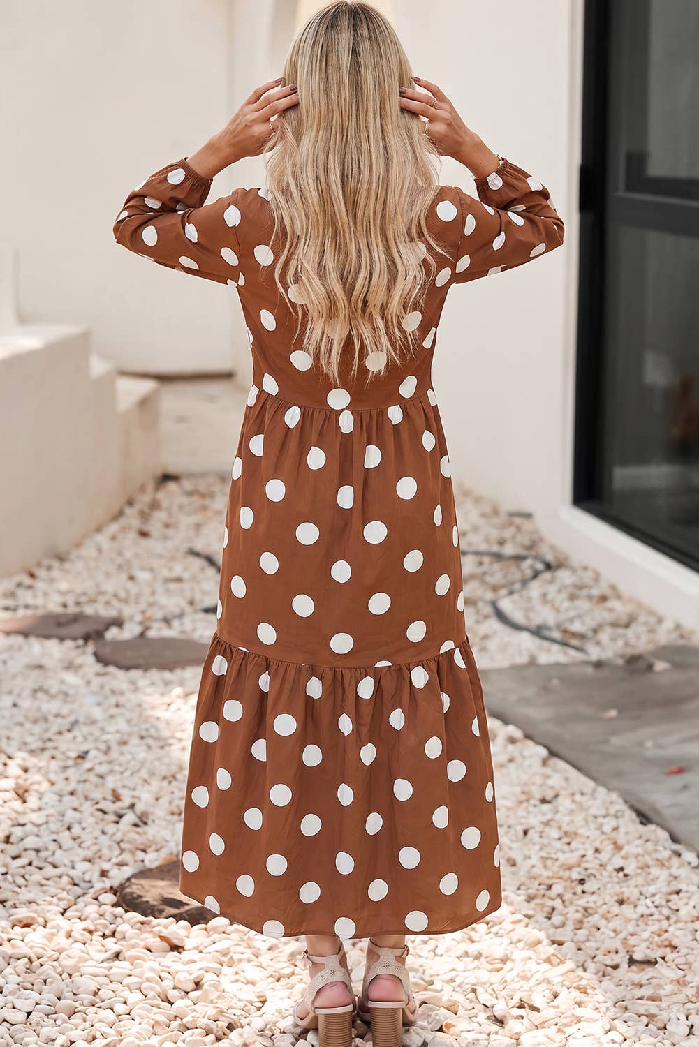 LDC Casual Long Sleeve Polka Dot Pockets Shift Dress : Brown