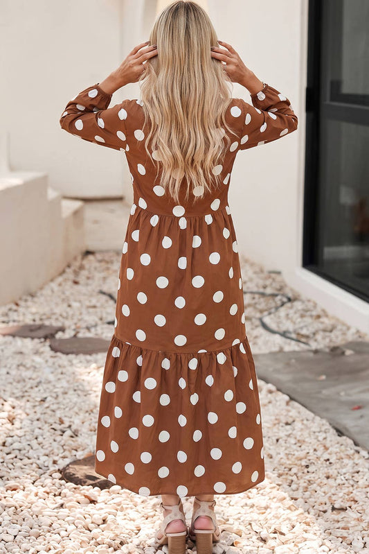 LDC Casual Long Sleeve Polka Dot Pockets Shift Dress : Brown