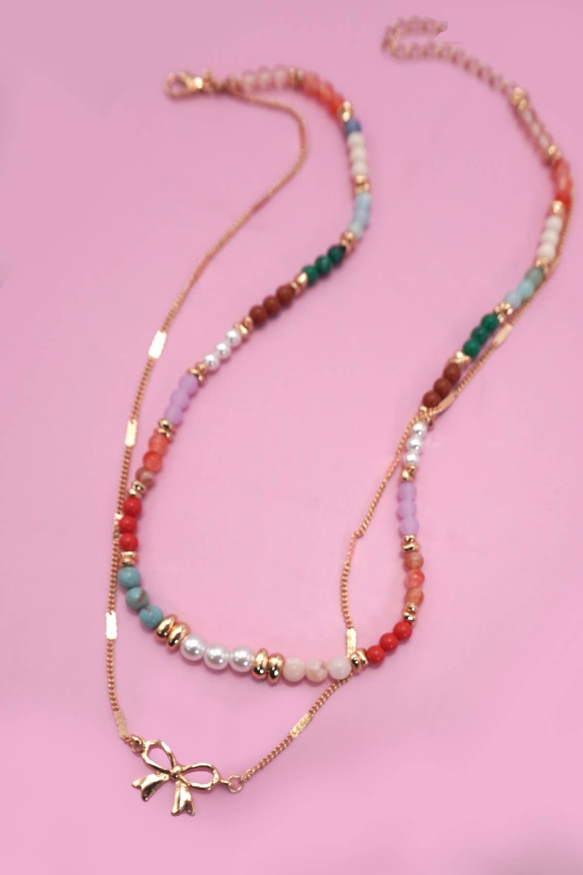 MULTI BEADED BOW CHARM DOUBLE LAYER NECKLACE | Gold