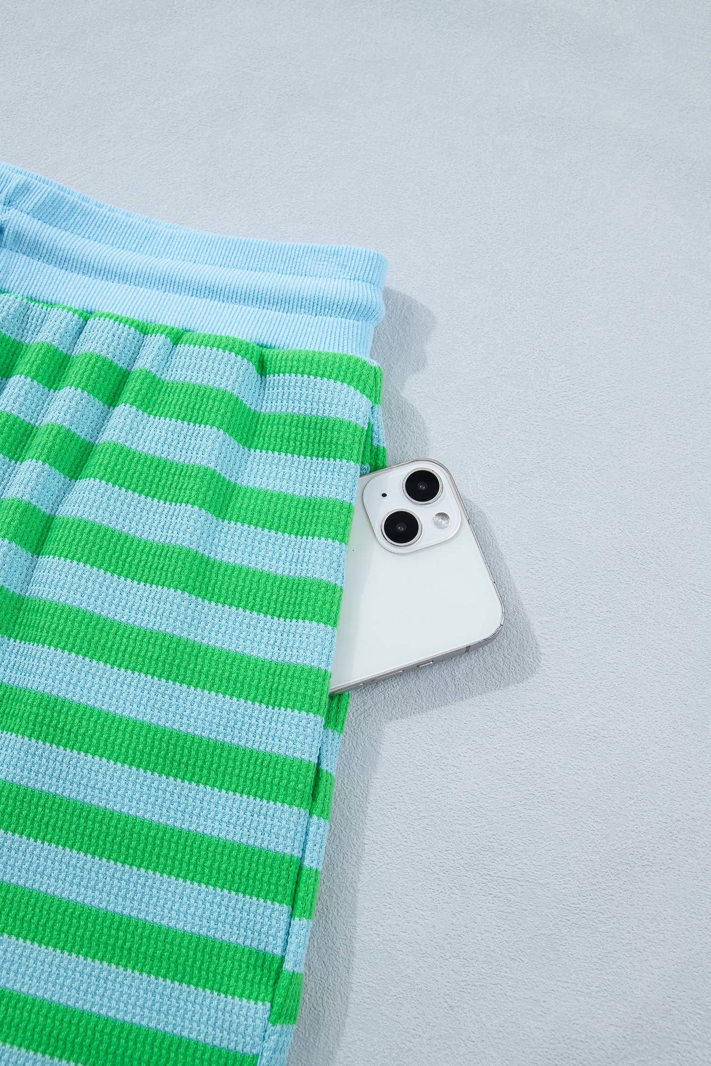 LDC Stripe Spring Puff Sleeve Shirt Matching Shorts Set: Green Stripe