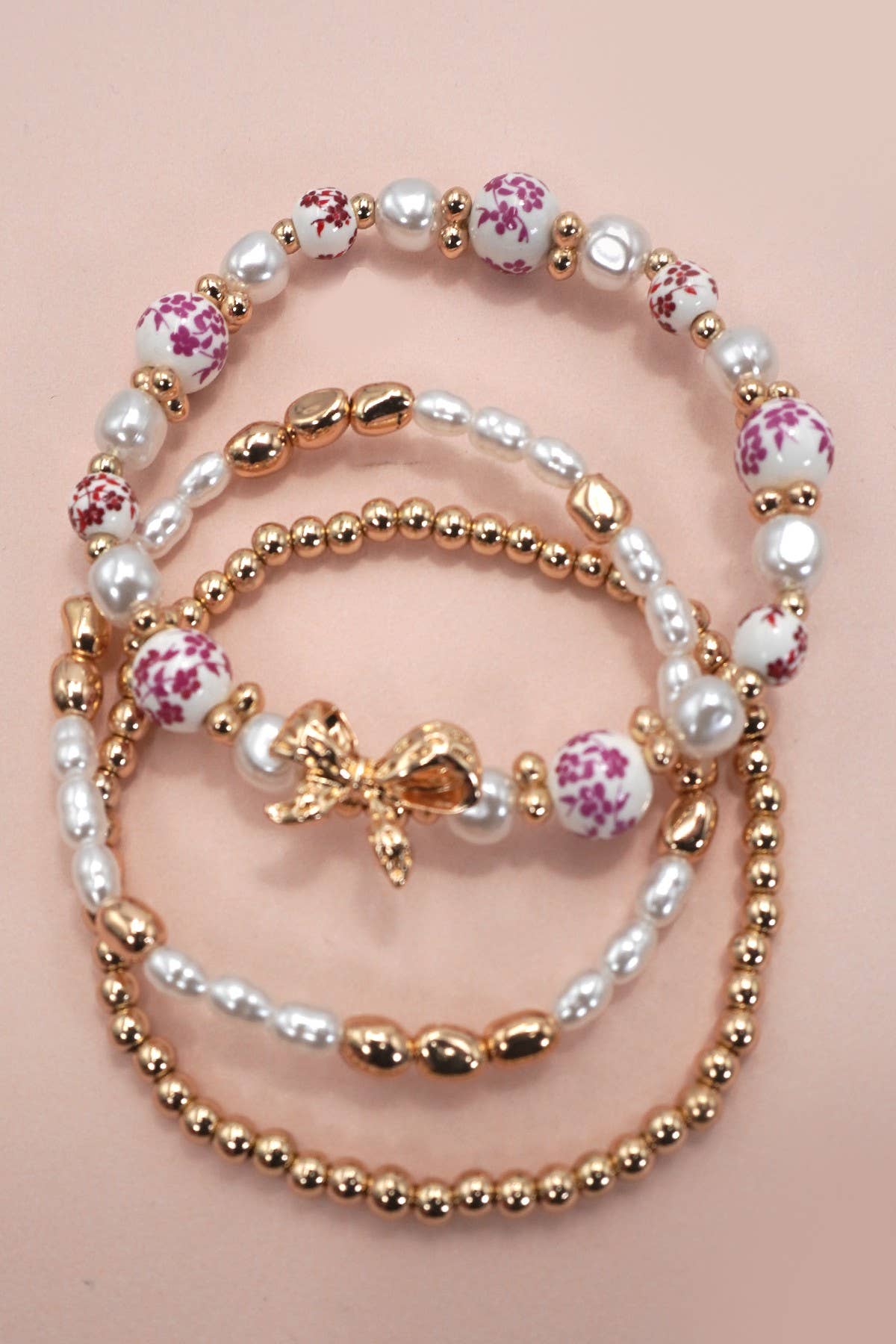 PINK CERAMIC PORCELAIN BOW MULTI LAYER BRACELET : Gold