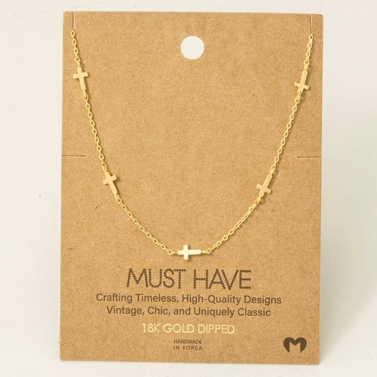 Gold Dipped Dainty Cross Station Necklace: G