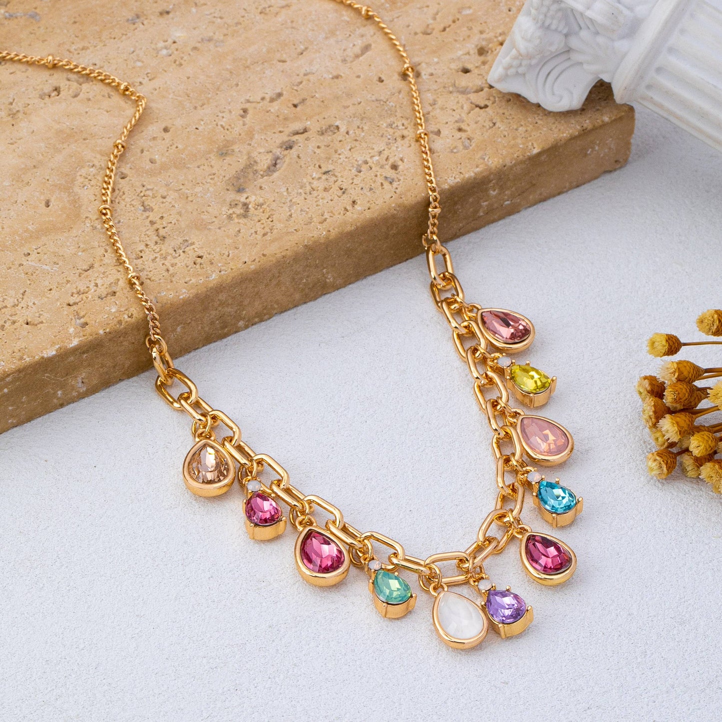 Multicolor Teardrop Crystal Charm Necklace