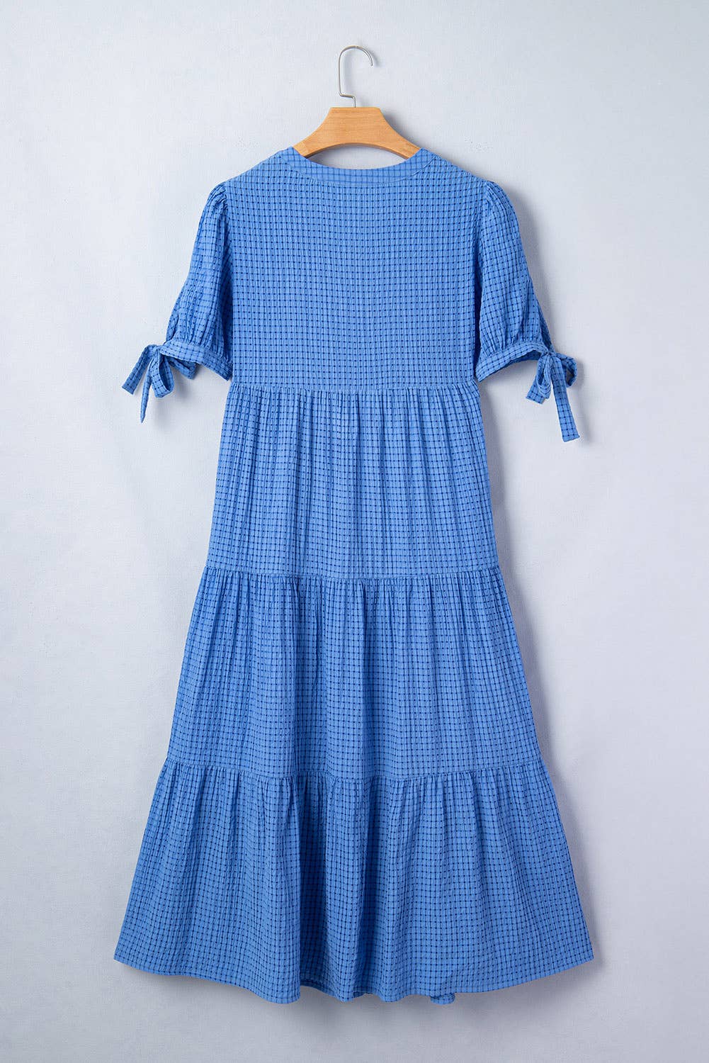 LDC Gingham Textured Bow Tie Short Sleeve Tiered Midi Dress: Dusk Blue