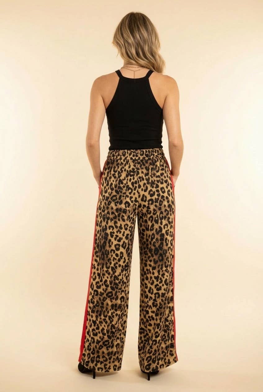High-Rise Leopard Print Track Pants with Side Stripe: TAUPE