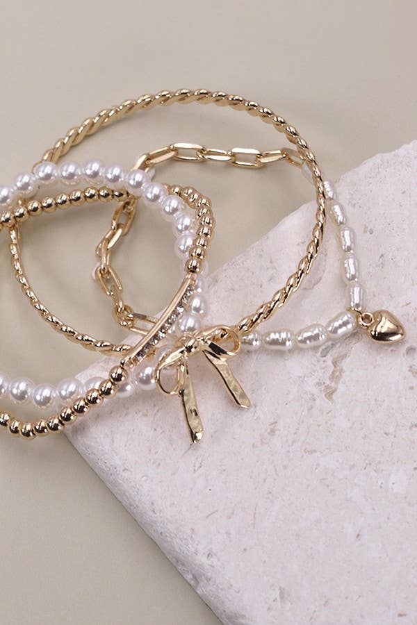 BOW PEARL RHINESTONE BAR STRETCH BANGLE SET : GOLD