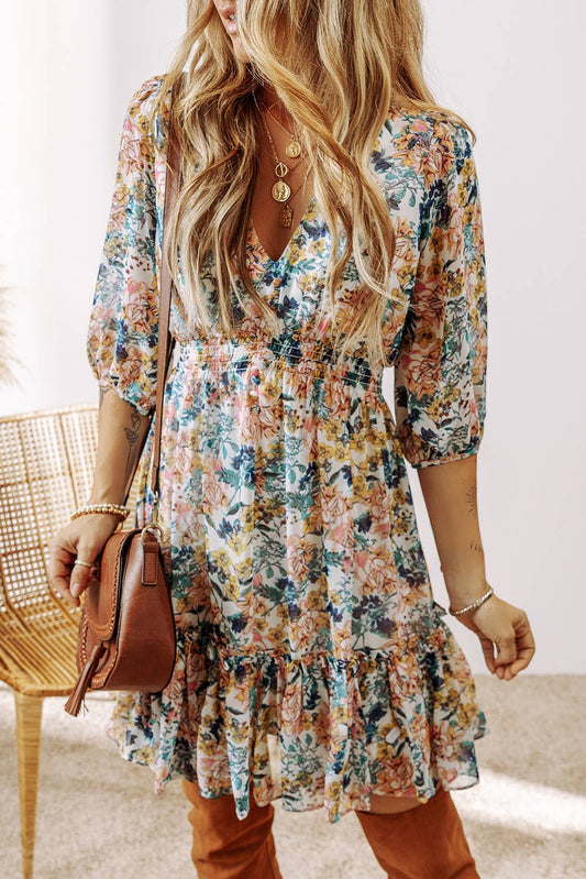 Floral Fall V Neck High Waist Ruffled Dress: Sky Blue