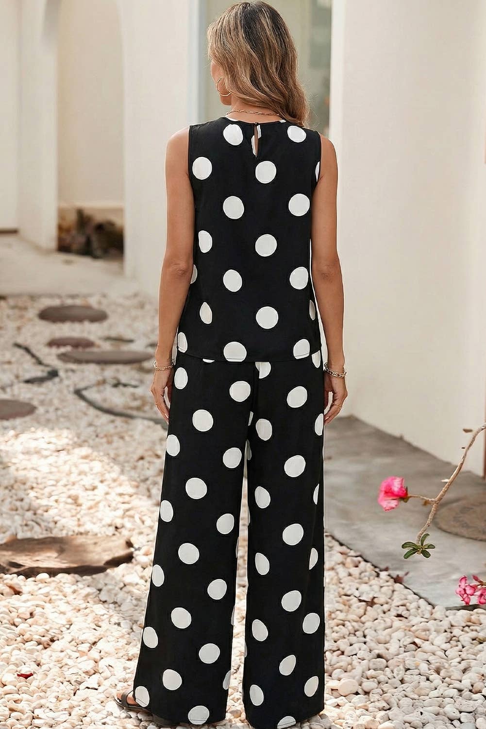 LDC Pleated Polka Dot Tank Casual Wide Leg Two-Piece Outfit: Black
