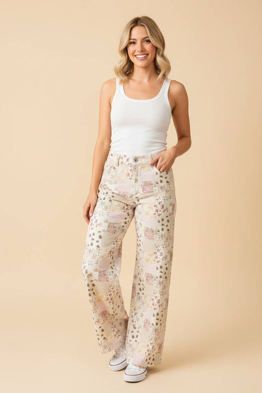Floral Patchwork Wide Leg Denim Pants: PALE ROSE