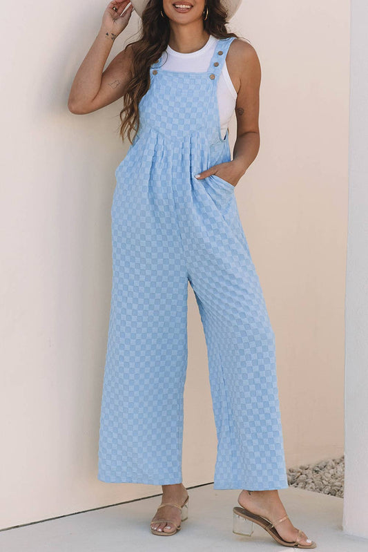 LDC Checkered Pocketed High Waist Wide Leg Overall: Blue