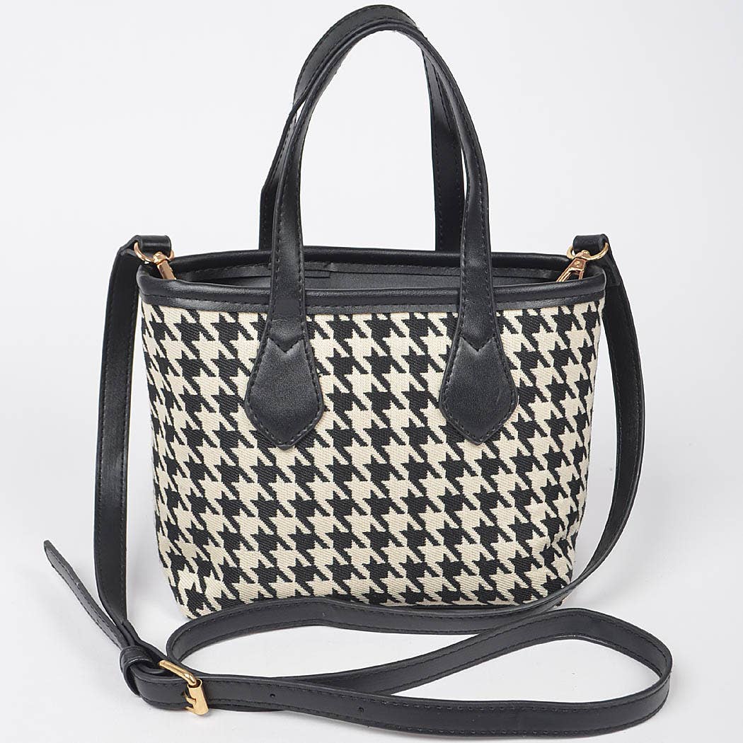 Houndstooth Tweed Small Tote Bag: Black