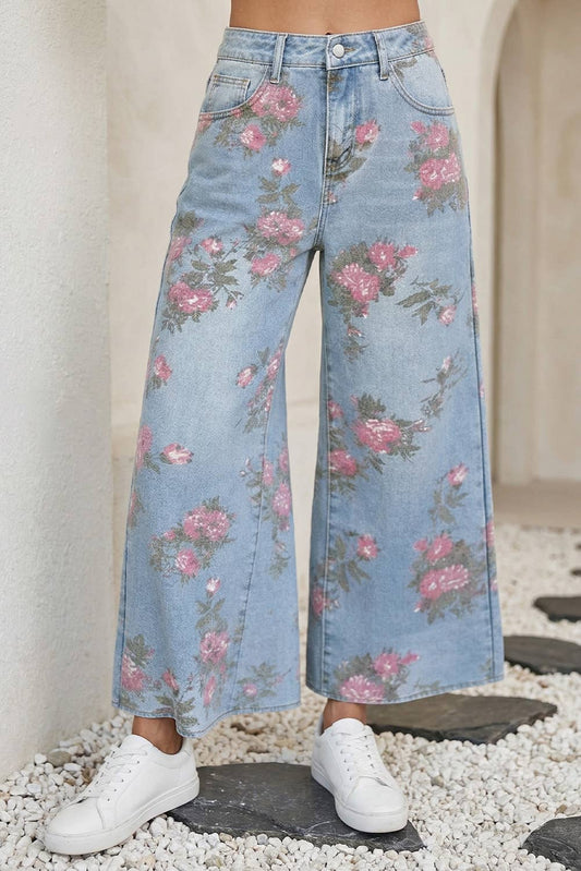 LDC Garden Floral Print Bootcut Jeans: Sky Blue