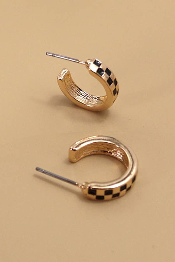 MINI CHECKER HOOP HUGGIE EARRINGS Black and Gold