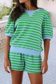 LDC Stripe Spring Puff Sleeve Shirt Matching Shorts Set: Green Stripe