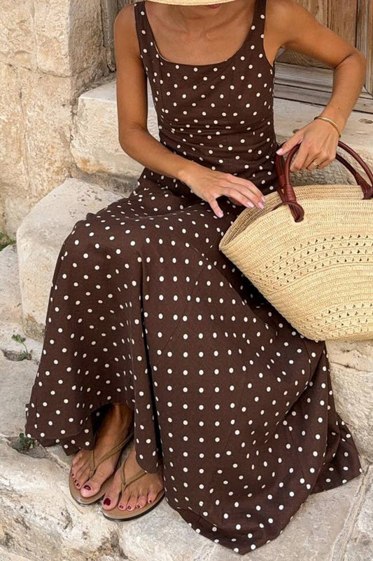 LDC Polka Dot Square Neck Sleeveless Vacation Long Dress: Brown