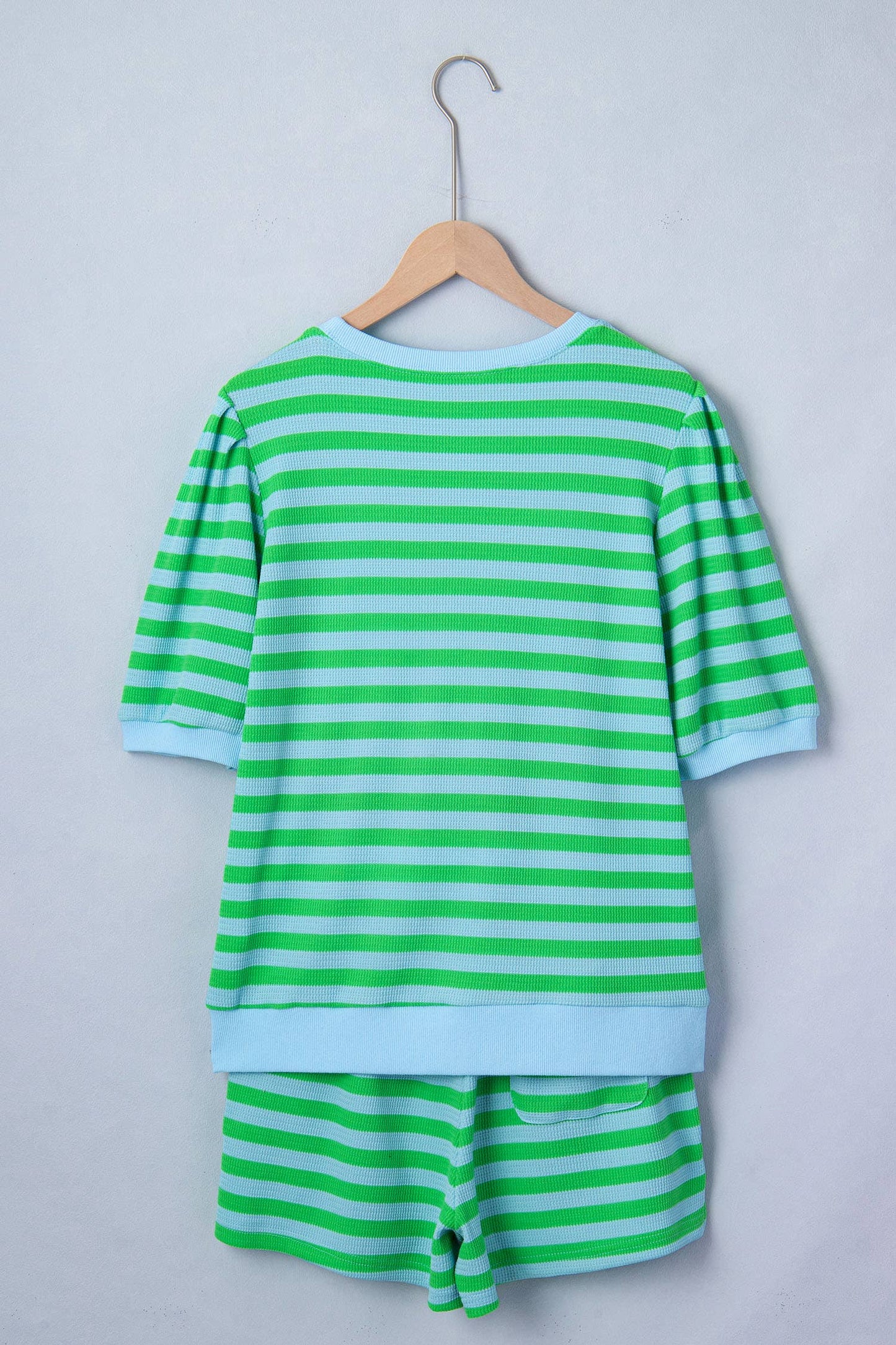 LDC Stripe Spring Puff Sleeve Shirt Matching Shorts Set: Green Stripe