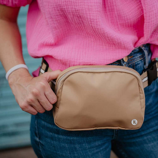 Tan Solid Belt Bag with Striped Strap: Tan / OS