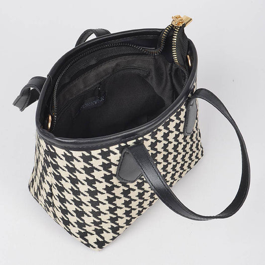 Houndstooth Tweed Small Tote Bag: Black
