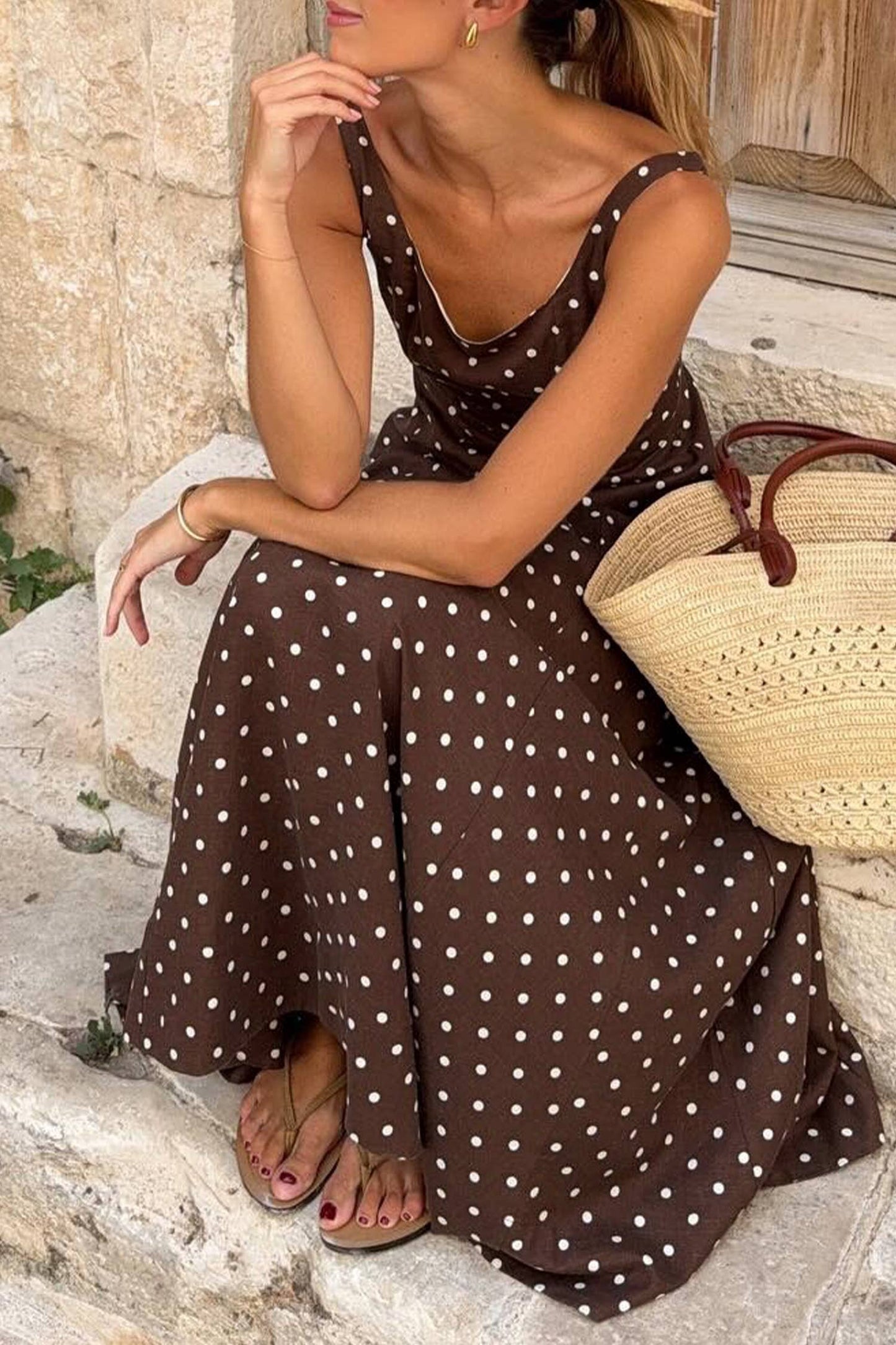 LDC Polka Dot Square Neck Sleeveless Vacation Long Dress: Brown