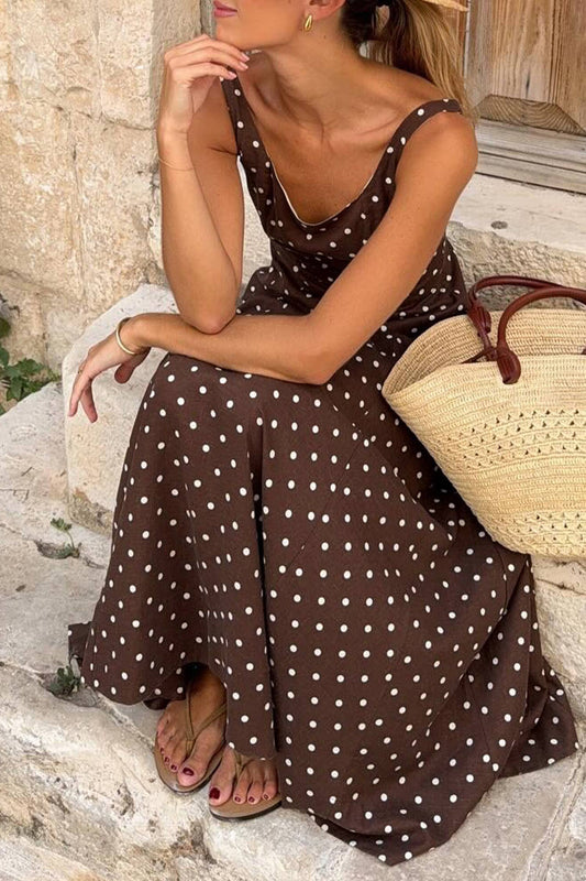 LDC Polka Dot Square Neck Sleeveless Vacation Long Dress: Brown