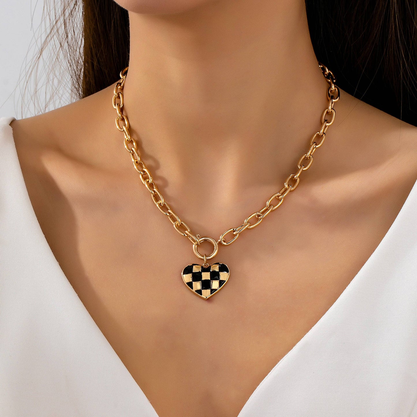 Checkered Heart Toggle Necklace |