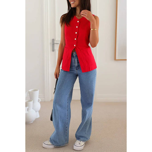Solid V Neck Button Down Pockets Fit Vest: Red