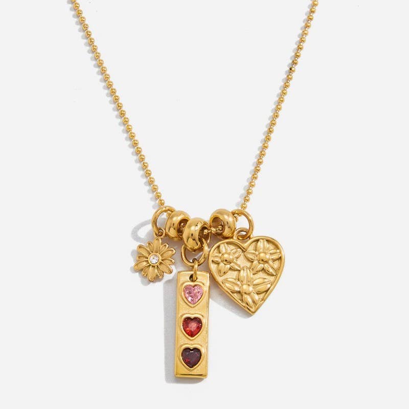 FLORAL HEART MULTI CHARM NECKLACE