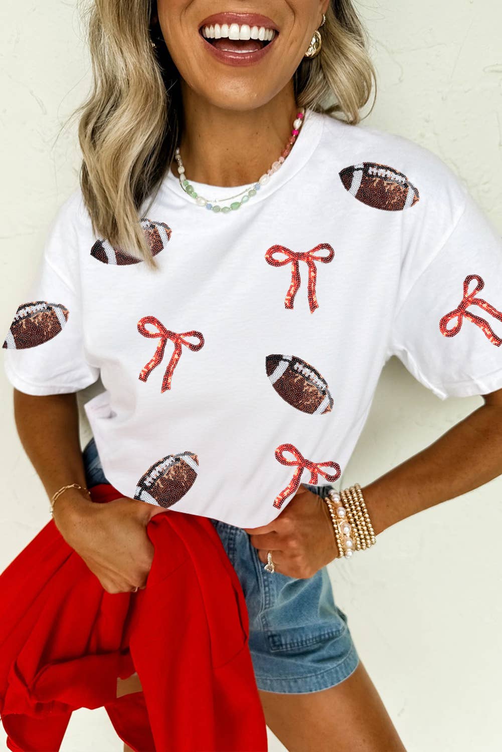 LDC Sequins Game Day Round Neck Short Sleeve T-Shirts: White