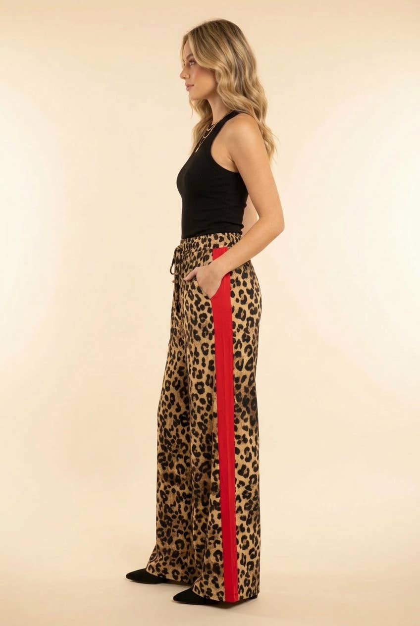 High-Rise Leopard Print Track Pants with Side Stripe: TAUPE