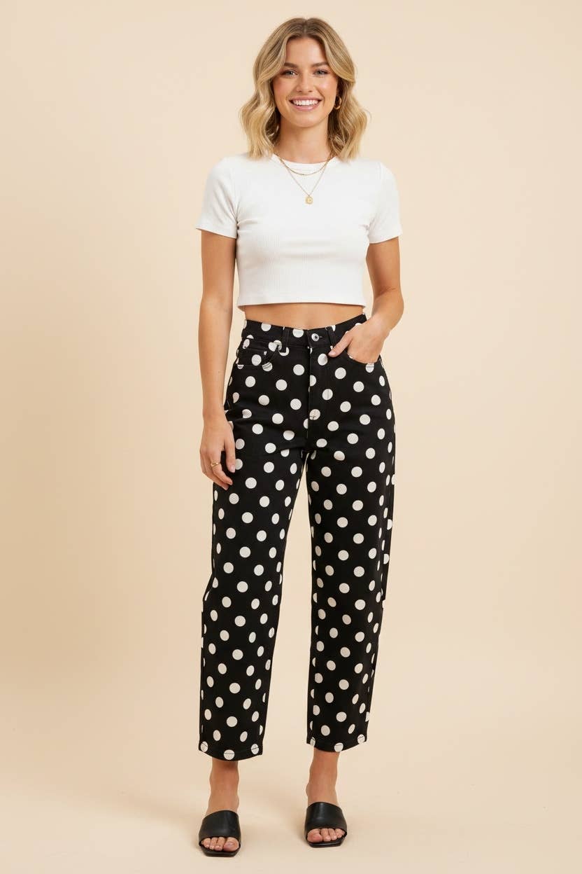 Polka Dot High Rise Straight Leg Pants: Black/White