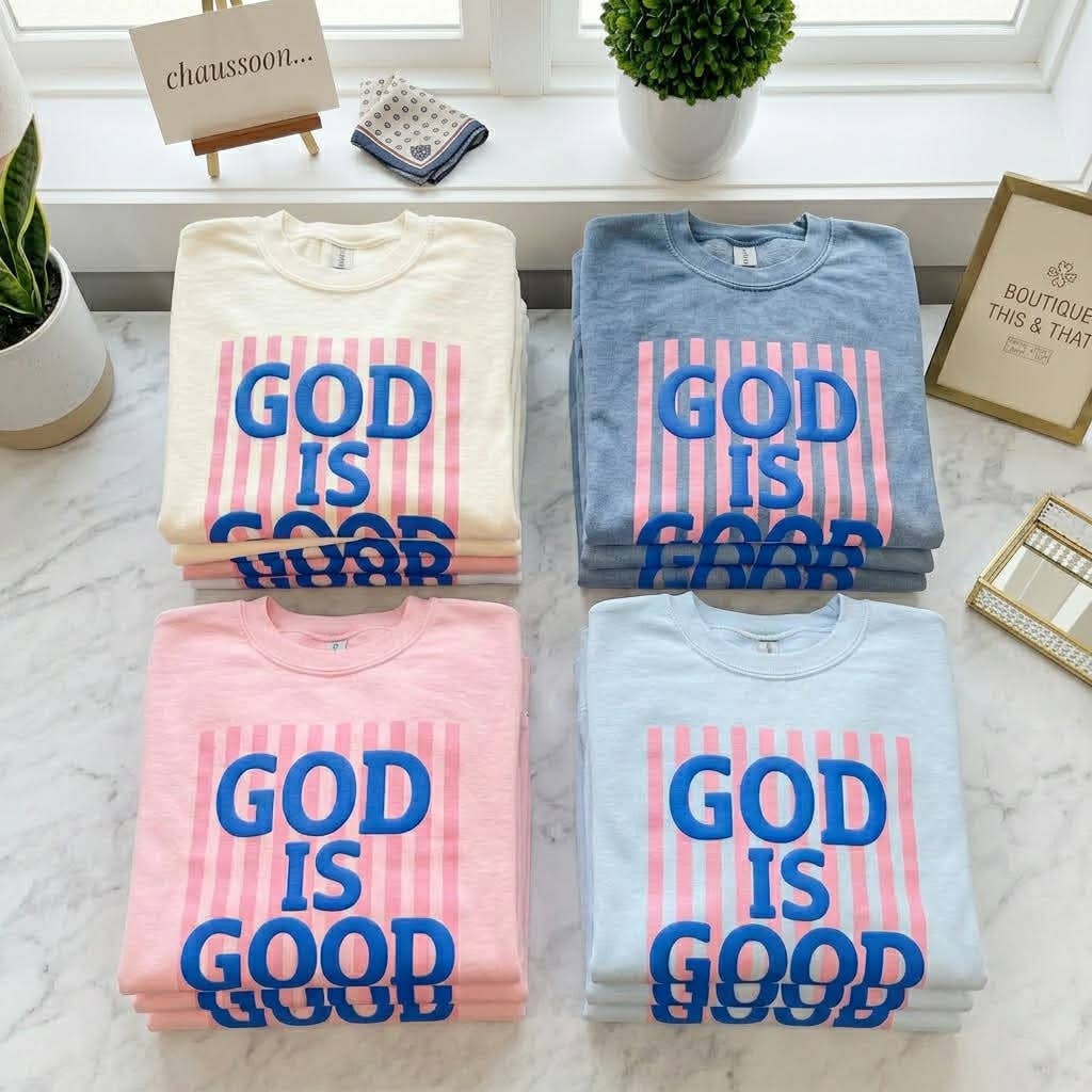 GOD IS GOOD Puff Tee: Blue Jean