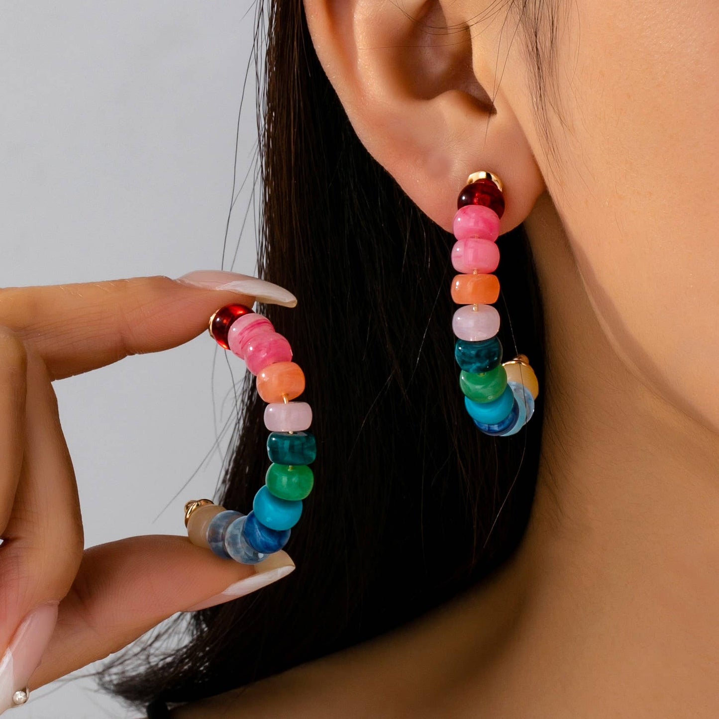 Rainbow Beaded Hoop Earrings |