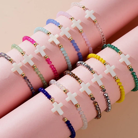 Cross Colored Bead Bracelet- Dark Pink