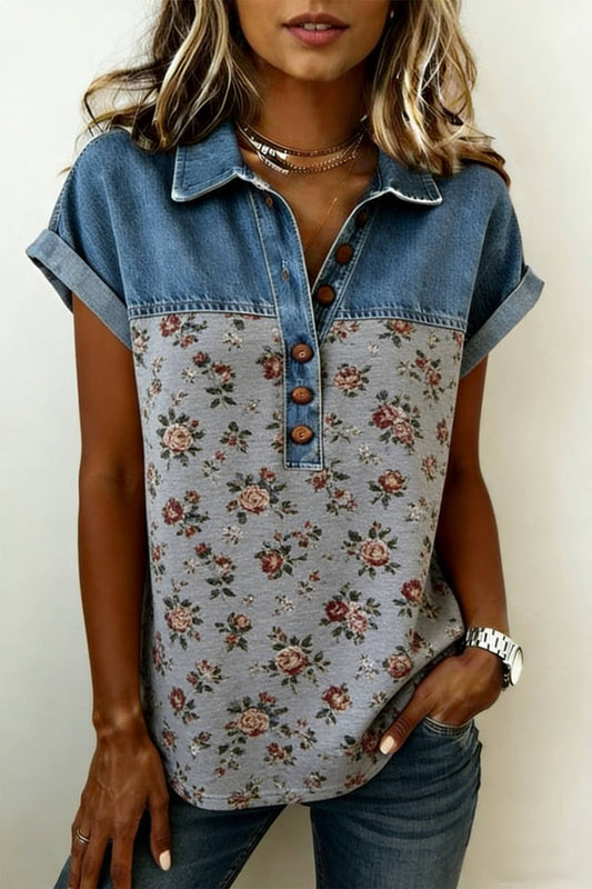 Floral Print Denim Patchwork Buttoned Polo Collar Tee|