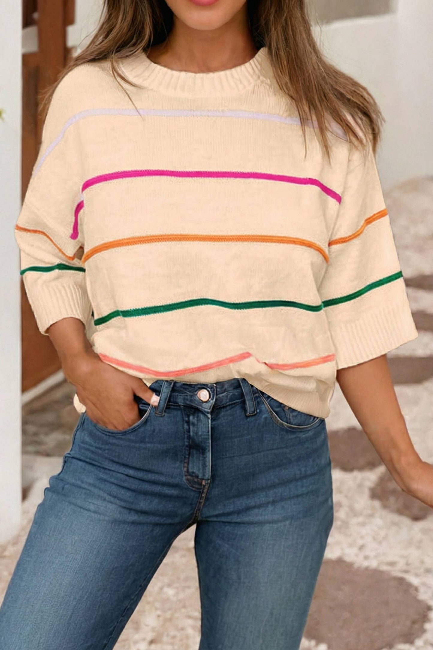 LDC Colorblock Striped Half Sleeve Drop Shoulder Sweater in Oatmeal