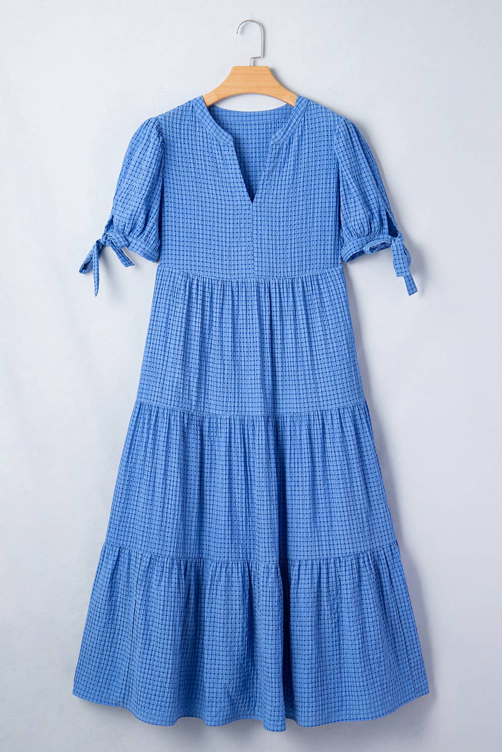 LDC Gingham Textured Bow Tie Short Sleeve Tiered Midi Dress: Dusk Blue