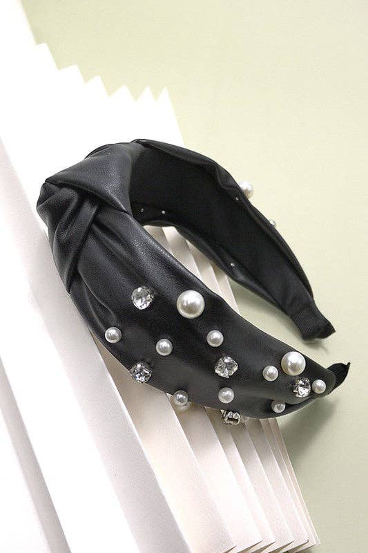 KNOTTED FAUX LEATHER PEARL RHINESTONE HAIR BANDS  BLACK