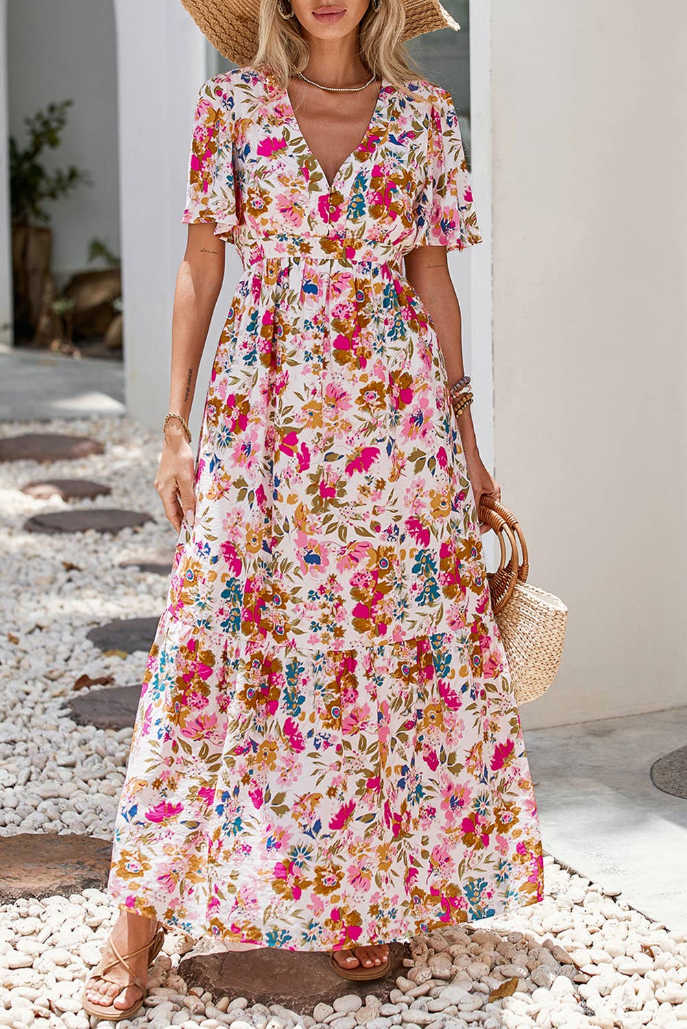 LDC Floral Short Sleeve V Neck High Waist Maxi Dress: Red