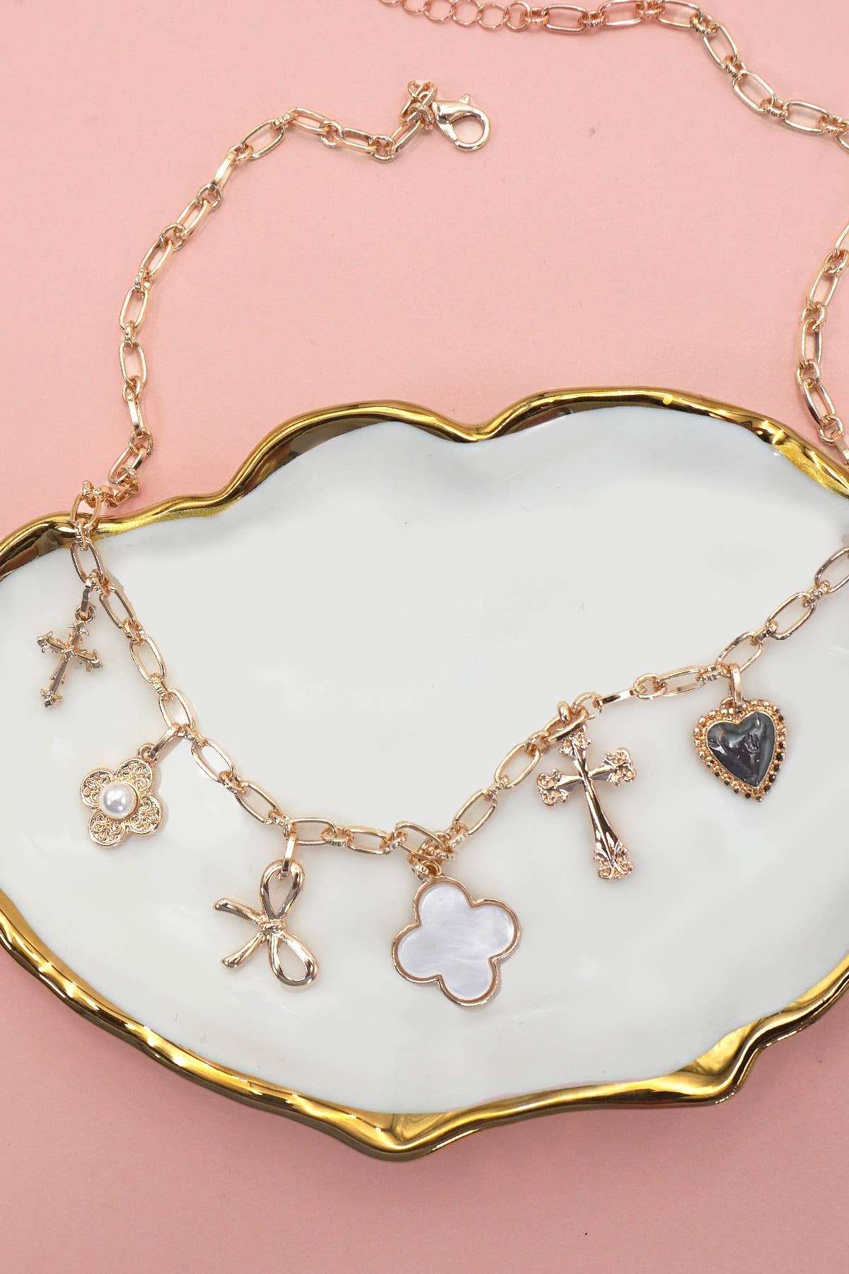 CHARM NECKLACE-CLOVER BOW CROSS HEART FLOWER : GOLD