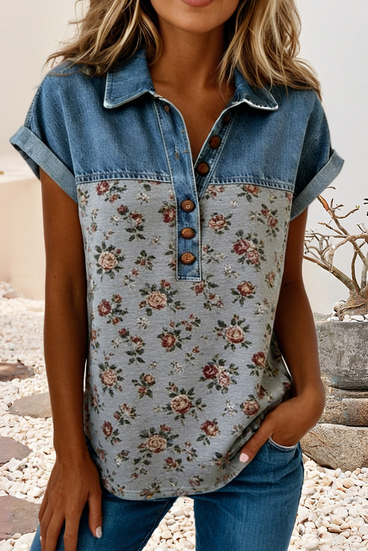Floral Print Denim Patchwork Buttoned Polo Collar Tee|