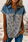 Floral Print Denim Patchwork Buttoned Polo Collar Tee|