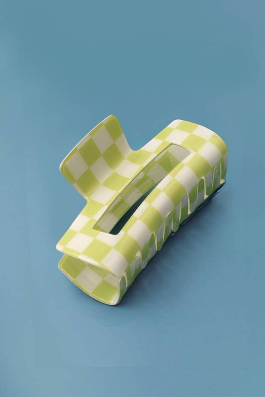 Light Green And White Checkered Claw Clip