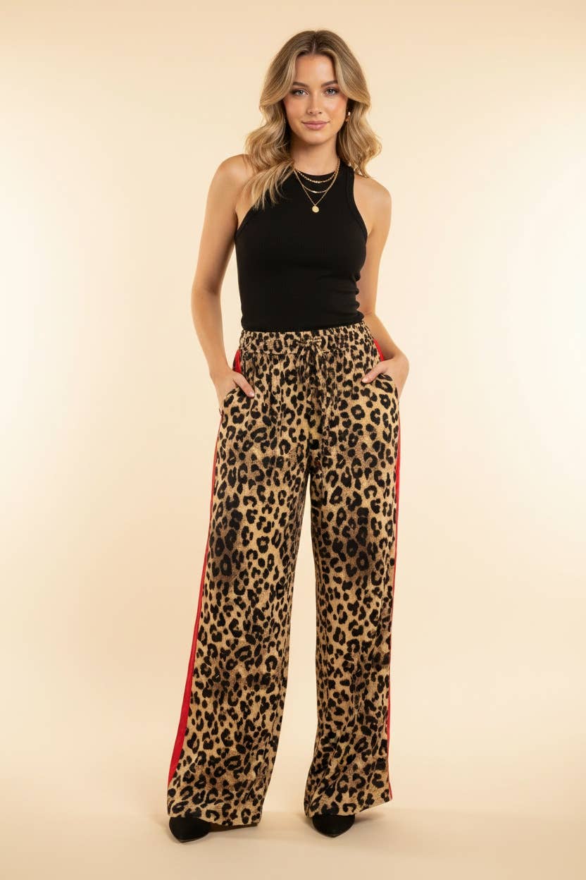High-Rise Leopard Print Track Pants with Side Stripe: TAUPE
