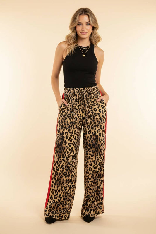 High-Rise Leopard Print Track Pants with Side Stripe: TAUPE