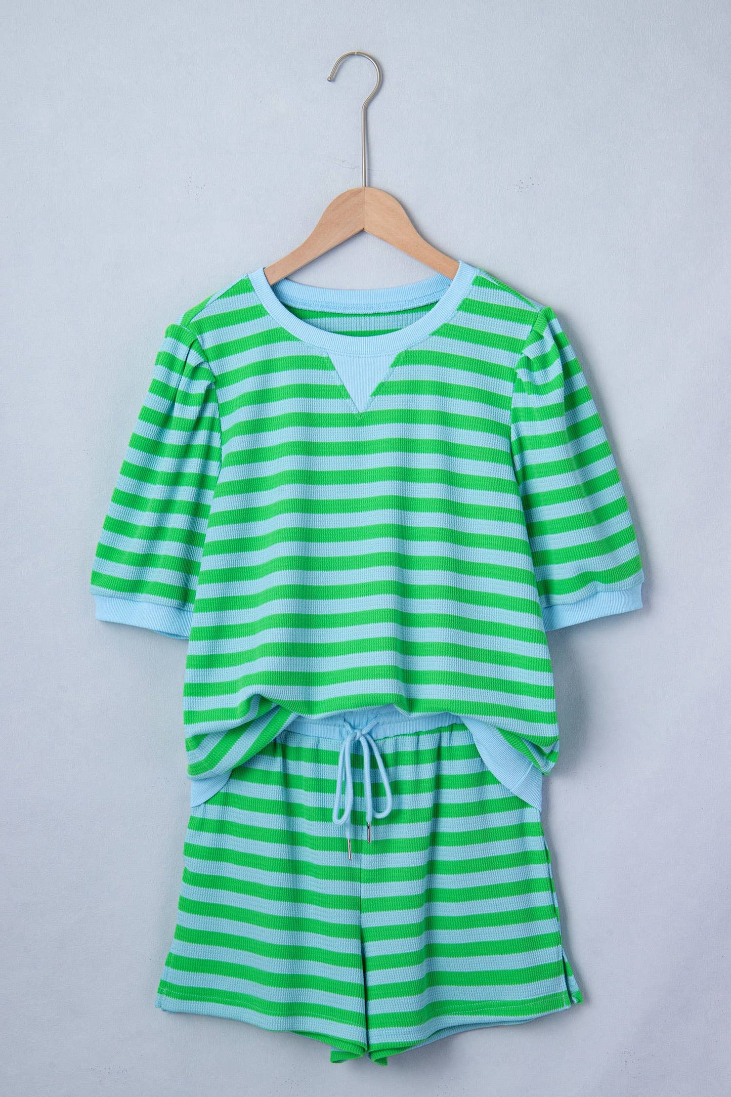 LDC Stripe Spring Puff Sleeve Shirt Matching Shorts Set: Green Stripe