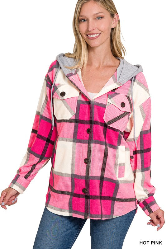 Plaid Hooded Shacket in Hot Pink